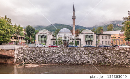 Beautiful view of the Emperor's Mosque in Sarajevo on the banks of the Milyacka River timelapse hyperlapse, Bosnia and Herzegovina Beautiful view of the Emperor's Mosque in Sarajevo on the banks of the Milyacka River timelapse hyperlapse, Bosnia and Herzegovina 135863049