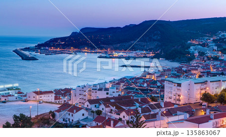 Twilight after sunset in Sesimbra, Portugal timelapse 135863067