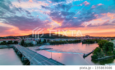 The View on Prague Hill Petrin timelapse with Owl's Mills after Sunset with beautiful colorful sky, Czech Republic 135863086