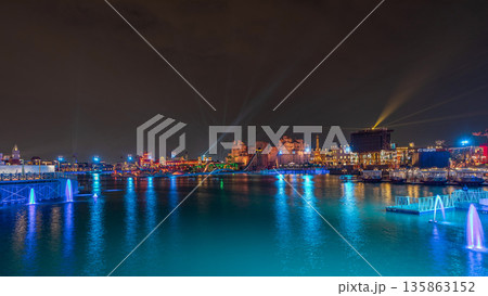 Panorama showing Riyadh Boulevard World entertainment park with largest artificial lake timelapse. Riyadh. Saudi Arabia Panorama showing Riyadh Boulevard World entertainment park with largest artificial lake timelapse. Riyadh. Saudi Arabia 135863152