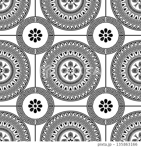 Greek vector seamless pattern. Black and white ornamental background. Greek key, meanders, circles, flowers. Greek key, meanders, circles, tile, textile 135863166