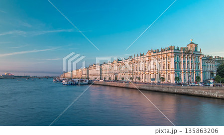 The winter Palace timelapse hyperlapse and pier on the Palace embankment clear day in summer in Saint-Petersburg 135863206
