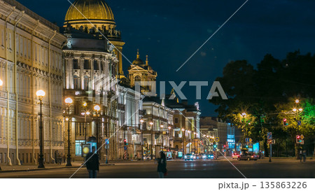 Saint Isaac's cathedral from the Palace square night timelapse in Saint Petersburg, Russia. 135863226