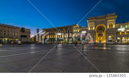 Monument to Vittorio Emanuele II and Galleria Vittorio Emanuele II day to night timelapse on the Piazza del Duomo 135863303