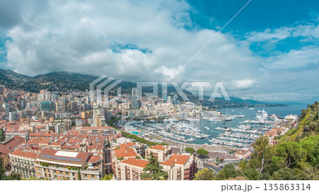 Monte Carlo city aerial panorama timelapse. View of luxury yachts and apartments in harbor of Monaco, Cote d'Azur. 135863314