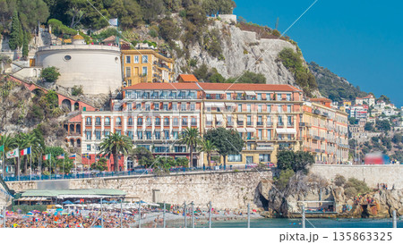 View of the beach in Nice timelapse, France, near the Promenade des Anglais. View of the beach in Nice timelapse, France, near the Promenade des Anglais. 135863325