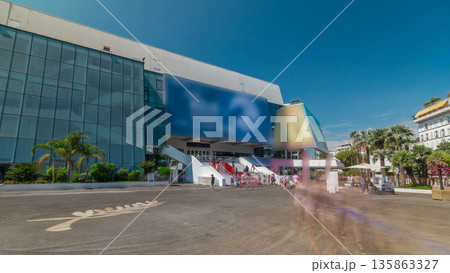 Red carpet stairway at Palais des Festivals et des Congres timelapse hyperlapse in Cannes, France. 135863327