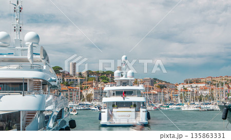 View of medieval Castre Castle and harbor with yachts timelapse. 135863331