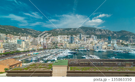Monte Carlo city aerial panorama timelapse hyperlapse. Port Hercule from top. 135863350