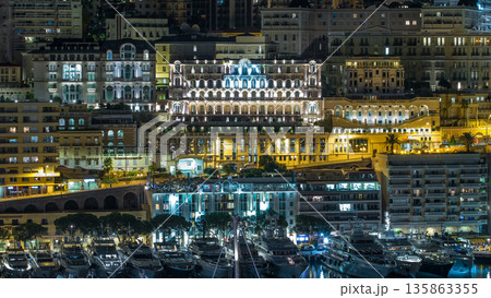 Monte Carlo timelapse at night from the observation deck in the village of Monaco with Port Hercules. Monte Carlo timelapse at night from the observation deck in the village of Monaco with Port Hercules. 135863355