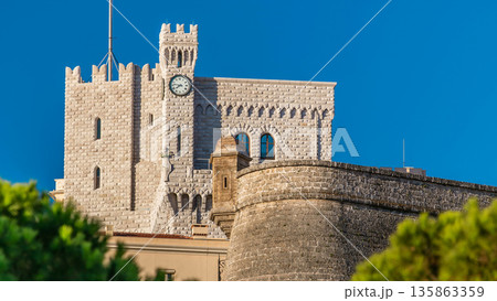 Prince's Palace of Monaco timelapse with early morning light. Residence of the Prince of Monaco. Prince's Palace of Monaco timelapse with early morning light. Residence of the Prince of Monaco. 135863359