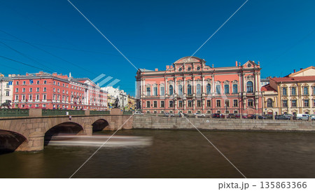 View from the Fontanka River at Beloselsky-Belozersky Sergievskiy Palace timelapse hyperlapse. View from the Fontanka River at Beloselsky-Belozersky Sergievskiy Palace timelapse hyperlapse. 135863366