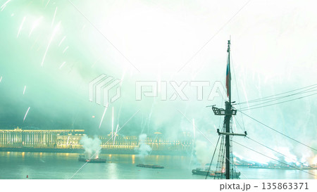 Fireworks timelapse over the city of St. Petersburg Russia on the feast of Scarlet Sails, view from rooftop. Fireworks timelapse over the city of St. Petersburg Russia on the feast of Scarlet Sails, view from rooftop. 135863371