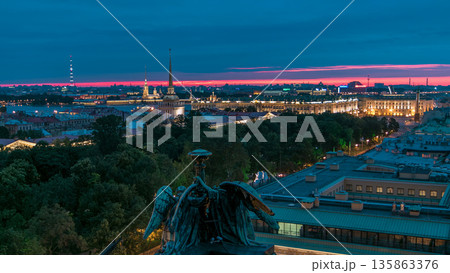 Night view of historic center from the colonnade of St. Isaac's Cathedral timelapse. Night view of historic center from the colonnade of St. Isaac's Cathedral timelapse. 135863376