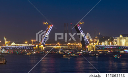 Opening Palace Bridge timelapse, a lot ships and boats. Russia, Saint-Petersburg Opening Palace Bridge timelapse, a lot ships and boats. Russia, Saint-Petersburg 135863388