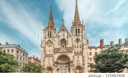 Hyperlapse of the Church of Saint-Nizier in the Presqu'ile district of Lyon, France. Hyperlapse of the Church of Saint-Nizier in the Presqu'ile district of Lyon, France. 135863408