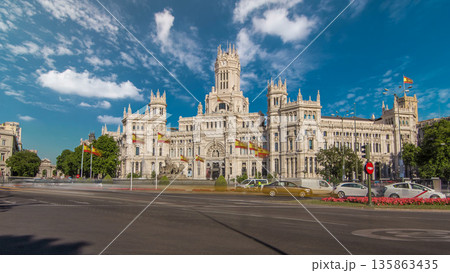 Cibeles fountain and traffic at Plaza de Cibeles in Madrid timelapse hyperlapse, Spain Cibeles fountain and traffic at Plaza de Cibeles in Madrid timelapse hyperlapse, Spain 135863435