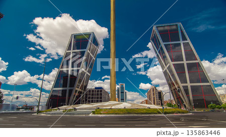 KIO towers or Gateway of Europe timelapse hyperlapse from Plaza de Castilla in Madrid, Spain. 135863446