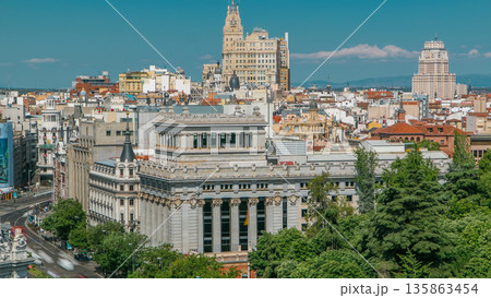 Aerial view from Cibeles Palac to Telefonica Building in Madrid timelapse 135863454