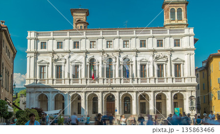 Main square piazza Vecchia in an Italian town Bergamo timelapse. Library and historic buildings. 135863466