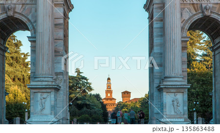 Arch of Peace in Simplon Square timelapse at sunset. It is a neoclassical triumph arch Arch of Peace in Simplon Square timelapse at sunset. It is a neoclassical triumph arch 135863488