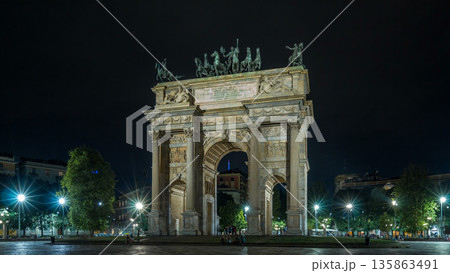 Arch of Peace in Simplon Square timelapse hyperlapse at night. It is a neoclassical triumph arch 135863491
