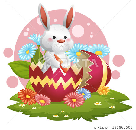 Cute White Easter Bunny Holding Carrot Inside Cracked Decorative Egg Cute White Easter Bunny Holding Carrot Inside Cracked Decorative Egg 135863509