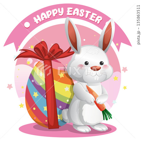 Cute White Easter Bunny Holding Carrot Next to Large Rainbow Egg 135863511