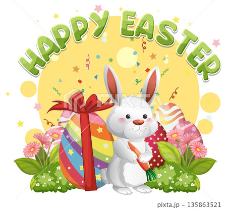 Happy Easter Vector Illustration with White Rabbit and Colorful Eggs Happy Easter Vector Illustration with White Rabbit and Colorful Eggs 135863521