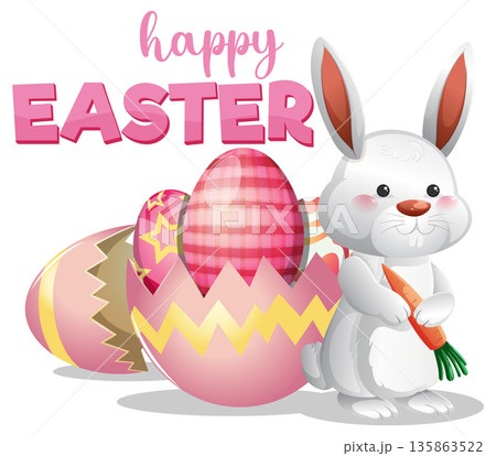 Cute Easter Bunny Holding a Carrot with Colorful Decorated Eggs Cute Easter Bunny Holding a Carrot with Colorful Decorated Eggs 135863522