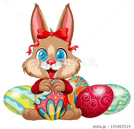 Cute Cartoon Easter Bunny Holding a Colorful Decorated Egg Cute Cartoon Easter Bunny Holding a Colorful Decorated Egg 135863524