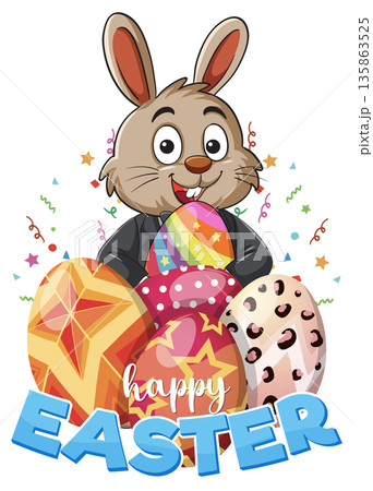Cartoon Easter Bunny Wearing Suit Holding Colorful Patterned Eggs with Confetti Cartoon Easter Bunny Wearing Suit Holding Colorful Patterned Eggs with Confetti 135863525