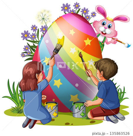 Children and Pink Bunny Painting a Large Colorful Easter Egg 135863526