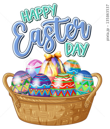 Happy Easter Day Greeting with Colorful Patterned Eggs in Wicker Basket 135863537