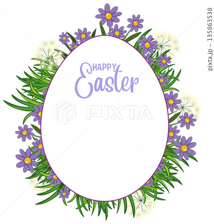Happy Easter Greeting Card with Floral Frame and Egg Shape 135863538
