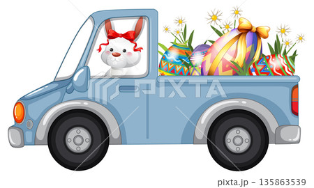 Cartoon Easter Bunny Driving a Blue Pickup Truck Full of Eggs Cartoon Easter Bunny Driving a Blue Pickup Truck Full of Eggs 135863539