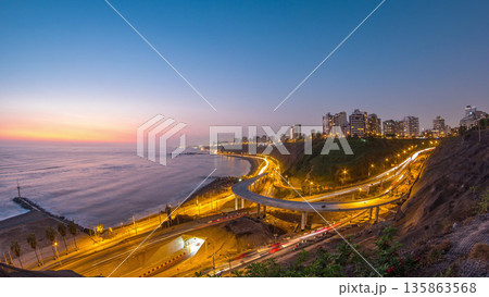Aerial view of Lima's Coastline in the neighborhood of Miraflores day to night timelapse, Lima, Peru 135863568