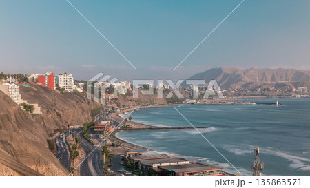 Traffic on Circuito de Playas road in Miraflores district of Lima aerial timelapse 135863571