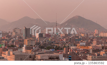 Panoramic skyline of Lima city from above with many buildings aerial timelapse. Lima, Peru Panoramic skyline of Lima city from above with many buildings aerial timelapse. Lima, Peru 135863592