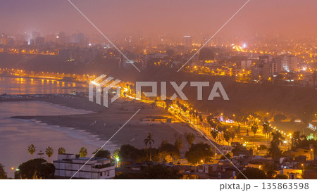 Aerial view of Lima's shoreline including the districts of Barranco and Chorrillos night to day timelapse. Peru 135863598