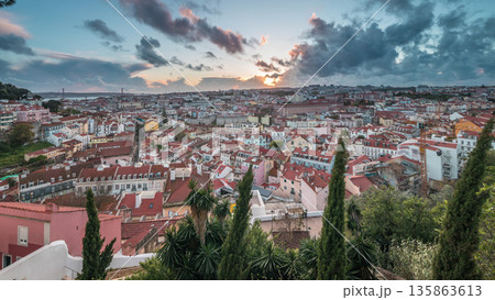 Panorama showing aerial cityscape during sunset from Miradouro da Graca viewpoint in Lisbon city. Panorama showing aerial cityscape during sunset from Miradouro da Graca viewpoint in Lisbon city. 135863613