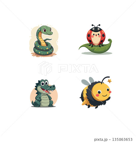 Adorable collection of cartoon animals including a snake, ladybug, crocodile, and bee. Perfect for children's illustrations and designs. 135863653