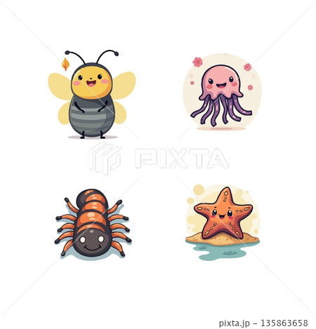 Adorable cartoon animal collection featuring a bee, jellyfish, spider, and starfish. Perfect for children's illustrations and designs. Adorable cartoon animal collection featuring a bee, jellyfish, spider, and starfish. Perfect for children's illustrations and designs. 135863658