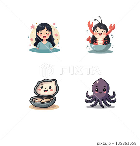 Adorable cartoon illustrations featuring a girl, lobster, oyster, and octopus, perfect for children's books and educational materials. 135863659