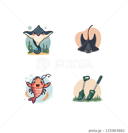Adorable cartoon illustrations featuring a smiling stingray, shrimp, and gardening tools. Ideal for children's books and educational materials. 135863662