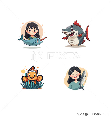 Collection of adorable cartoon fish characters, including a shark, clownfish, and girl with fish. Ideal for children's books and designs. Collection of adorable cartoon fish characters, including a shark, clownfish, and girl with fish. Ideal for children's books and designs. 135863665