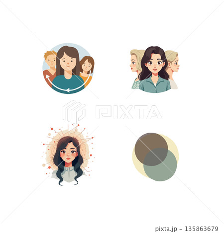 Set of vector icons depicting diverse women, teamwork, individuality, and abstract concepts. Ideal for business and social themes. 135863679