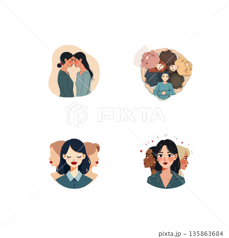 Illustrations showing women of different ethnicities and orientations. Unity and diversity concept. Vector illustration. Illustrations showing women of different ethnicities and orientations. Unity and diversity concept. Vector illustration. 135863684