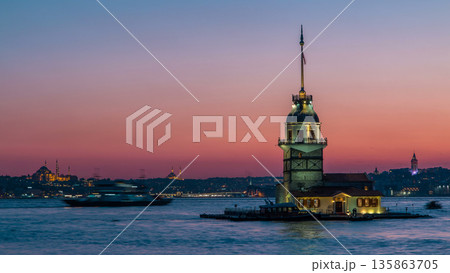 Maidens tower after sunset day to night timelapse in istanbul, turkey, kiz kulesi tower Maidens tower after sunset day to night timelapse in istanbul, turkey, kiz kulesi tower 135863705