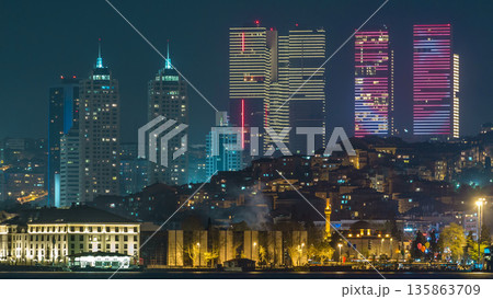 Night timelapse view of besiktas district in istanbul taken from asian part of the city. 135863709